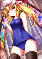 Rule 34 | 1girl, alternate costume, arm behind back, bare shoulders, black thighhighs, blonde hair, blush, breasts, campbell (pixiv), campbell gichou, curtains, female focus, flandre scarlet, from below, hat, looking at viewer, night, one-piece swimsuit, red eyes, school swimsuit, short hair, side ponytail, sky, small breasts, solo, star (sky), starry sky, swimsuit, thighhighs, touhou, window, wings