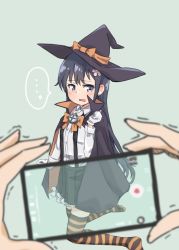 Rule 34 | ..., 1girl, alakoala, asashio (kancolle), black hair, black hat, blue background, blue eyes, bow, bowtie, cellphone, commentary request, frilled skirt, frills, full body, gloves, hat, highres, kantai collection, kneeling, long hair, long sleeves, look-alike, looking at viewer, orange bow, orange bowtie, phone, pov, simple background, skirt, solo, solo focus, spoken ellipsis, striped clothes, striped legwear, striped thighhighs, suspender skirt, suspenders, thighhighs, trembling, white gloves, witch hat