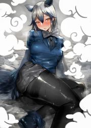 Rule 34 | 10s, 1girl, absurdres, animal ears, black pantyhose, blouse, blue jacket, blue necktie, blush, bow, bowtie, breasts, cloud, fox ears, fox tail, grey shirt, hair between eyes, hair flaps, highres, jacket, japari symbol, kemono friends, lips, long hair, looking at viewer, lying, medium breasts, miniskirt, necktie, on side, pantyhose, parted lips, shiny clothes, shirt, silver fox (kemono friends), silver hair, skirt, solo, steam, sweatdrop, tail, thick thighs, thighband pantyhose, thighs, water drop, wet, wet clothes, yellow eyes, yomu (sgt epper)