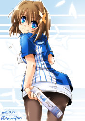 Rule 34 | 1girl, absurdres, arm behind back, ass, blouse, blue shirt, brown eyes, brown hair, closed mouth, commentary request, cowboy shot, dated, feathers, hair ornament, highres, holding, lawson, looking at viewer, looking back, lyrical nanoha, mahou shoujo lyrical nanoha the movie 3rd: reflection, miniskirt, pantyhose, san-pon, shirt, short hair, short sleeves, skirt, smile, solo, standing, sweat, twitter username, white skirt, x hair ornament, yagami hayate