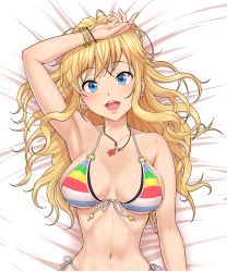 Rule 34 | 1girl, :d, arm up, armpits, bangle, bare arms, bare shoulders, bed sheet, bikini, blonde hair, blue eyes, blue shorts, blush, bracelet, breasts, buckle, cleavage, covered erect nipples, dakimakura (medium), earrings, from above, front-tie bikini top, front-tie top, hand on own head, highres, idolmaster, idolmaster cinderella girls, jewelry, long hair, looking at viewer, lying, medium breasts, multicolored bikini, multicolored clothes, nail polish, navel, necklace, nigou, ohtsuki yui, on back, open fly, open mouth, pink nails, ribbon, shorts, side-tie bikini bottom, smile, solo, star (symbol), stomach, swimsuit, wavy hair, white ribbon