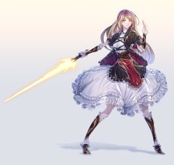 Rule 34 | 1girl, adapted costume, blonde hair, boots, breasts, detached sleeves, energy sword, frills, full body, gradient background, gradient hair, hijiri byakuren, holding, long hair, multicolored hair, puffy sleeves, purple hair, short sleeves, solo, standing, sword, touhou, weapon, yellow eyes, zounose