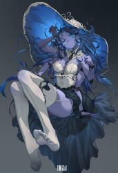 Rule 34 | 1girl, alternate breast size, arm up, black ribbon, blue eyes, blue hair, blue skirt, breasts, closed mouth, colored skin, detached collar, dm (dai miao), doll joints, elden ring, extra arms, feet, full body, garter straps, hat, highres, invisible chair, joints, large hat, long hair, looking at viewer, medium breasts, neck ribbon, no shoes, one eye closed, purple skin, ranni the witch, ribbon, shirt, sitting, skirt, solo, strap slip, thighhighs, very long hair, white shirt, white thighhighs