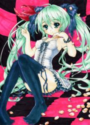 Rule 34 | 1girl, absurdres, asahina kirin, bracelet, checkered background, dress, green eyes, green hair, twirling hair, hatsune miku, highres, jewelry, long hair, looking at viewer, marker (medium), matching hair/eyes, millipen (medium), petals, sitting, smile, solo, thighhighs, traditional media, twintails, very long hair, vocaloid, world is mine (vocaloid)