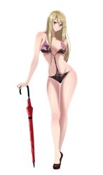 Rule 34 | 1girl, blonde hair, blue eyes, breasts, casual one-piece swimsuit, cleavage, dorifutogaazaru, drift girls, full body, hair between eyes, high heels, highres, hori chuu yuu nashi, large breasts, long hair, looking at viewer, official art, one-piece swimsuit, shiny skin, simple background, solo, swimsuit, umbrella stand, white background
