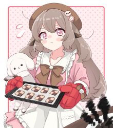 Rule 34 | 1girl, absurdres, animal ears, apron, baking, baking sheet, beret, blush stickers, bow, bowtie, brown bow, brown bowtie, brown hair, brown hat, closed mouth, dress, estelle (vtuber), flying sweatdrops, food, frilled dress, frills, hat, highres, indie virtual youtuber, long hair, oven mitts, pink dress, pink eyes, pom pom (clothes), second-party source, sheep ears, sheep girl, solo, stuffed animal, stuffed sheep, stuffed toy, sukoyaka (100hituzi), virtual youtuber, white apron