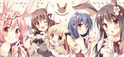 Rule 34 | 5girls, :d, ;d, animal ears, animal hands, arm warmers, black hair, blonde hair, blue eyes, blush, bow, breasts, brown eyes, brown hair, capelet, chestnut mouth, cleavage, detached sleeves, dress, fake animal ears, fang, flower, flower wreath, food print, gloves, grin, hair flower, hair ornament, hairclip, hug, long hair, looking at viewer, looking back, low twintails, medium breasts, multiple girls, one eye closed, open mouth, original, pan (mimi), paw gloves, paw pose, pink eyes, pink hair, purple eyes, rabbit ears, red eyes, ribbon, smile, spread fingers, twintails, v