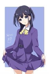 Rule 34 | 1girl, belt, black hair, blazer, blue eyes, bow, bowtie, clothes lift, collared shirt, dated, dress, dress lift, expressionless, highres, jacket, long hair, long sleeves, nii manabu, open mouth, original, pinafore dress, purple dress, purple jacket, school uniform, shirt, side ponytail, signature, simple background, sleeveless dress, solo, standing, two-tone background, white shirt, yellow bow, yellow bowtie