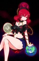 Rule 34 | 1girl, bare legs, bare shoulders, belt, bracelet, breasts, chain, chain between breasts, cleavage, clothes writing, collar, crop top, crossed legs, earth (ornament), earth (planet), hat, hecatia lapislazuli, highres, jewelry, large breasts, looking at viewer, midriff, miniskirt, moon, moon (ornament), multicolored clothes, multicolored skirt, nail polish, navel, off shoulder, plaid, plaid skirt, planet, raptor7, red eyes, red hair, red nails, shirt, skirt, solo, spiked collar, spikes, t-shirt, thighs, touhou