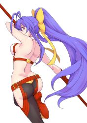 Rule 34 | 1girl, antenna hair, ass, bare shoulders, black pants, blazblue, blazblue: central fiction, blazblue variable heart, blue hair, butt crack, genderswap, genderswap (mtf), gloves, halterneck, halterneck, hip vent, holding, holding weapon, long hair, looking back, mai natsume, pants, pink eyes, ponytail, simple background, solo, very long hair, weapon