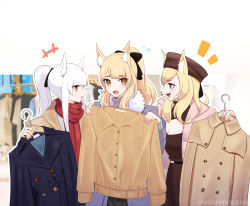Rule 34 | 3girls, animal ear fluff, animal ears, arknights, blemishine (arknights), blonde hair, blue eyes, brown eyes, brown headwear, clothes shop, clothes shop, coat, extra ears, highres, horse ears, horse girl, horse tail, multiple girls, overcoat, platinum (arknights), scarf, shopping, supershrimpcakes, tail, whislash (arknights)