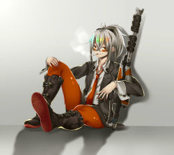 Rule 34 | 1girl, androgynous, black footwear, black jacket, blonde hair, blouse, blue eyes, blue hair, boots, cigarette, collarbone, destiny (game), e draw paint, facepaint, full body, green eyes, green hair, grey background, gun, hair between eyes, hand on own knee, hand up, highres, holding, holding gun, holding weapon, icebreaker (destiny), jacket, knee boots, knee up, leggings, long sleeves, looking at viewer, loose necktie, mouth hold, multicolored eyes, multicolored hair, nail polish, necktie, open clothes, open jacket, orange eyes, orange hair, orange leggings, orange nails, orange necktie, personification, ponytail, red eyes, red hair, rifle, shadow, shiny clothes, shirt, short ponytail, silver hair, sitting, smile, smoke, smoking, sniper rifle, solo, suit jacket, tattoo, unbuttoned, unbuttoned shirt, weapon, white shirt, yellow eyes