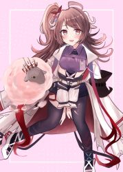 Rule 34 | 1girl, :d, ahoge, animal ears, arknights, black pantyhose, blush, breasts, brown hair, collared shirt, commentary request, eyjafjalla (arknights), eyjafjalla the hvit aska (arknights), highres, horns, jacket, jacket on shoulders, long hair, long sleeves, mayuchi427, medium breasts, open clothes, open jacket, open mouth, pantyhose, pink background, polka dot, polka dot background, puffy long sleeves, puffy sleeves, purple shirt, red eyes, sheep, sheep ears, sheep horns, shirt, shoes, side ponytail, smile, solo, torn clothes, torn pantyhose, very long hair, white footwear, white jacket
