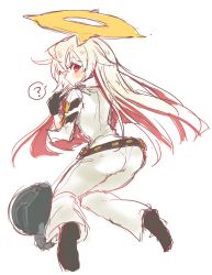 Rule 34 | 1girl, ?, airu (krm), airu (xxairuxx), ass, ball, ball and chain restraint, black gloves, blush, candy, chain, spiked halo, food, from behind, full body, gloves, guilty gear, guilty gear xrd, guilty gear xrd: revelator, halo, jack-o&#039; valentine, kneeling, lollipop, long hair, looking back, pantylines, red eyes, simple background, solo, speech bubble, spoken question mark, white background, white hair