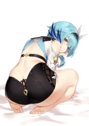 Rule 34 | 1girl, absurdres, back, backless outfit, bare legs, bare shoulders, barefoot, bed sheet, blue hair, blush, chinese commentary, clothing cutout, commentary request, eula (genshin impact), feather hair ornament, feathers, feet, from behind, full body, genshin impact, hair between eyes, hair ornament, hand on own cheek, hand on own face, highres, legs, long hair, looking at viewer, shoulder cutout, sitting, solo, thighs, toes, yellow eyes, ziyue