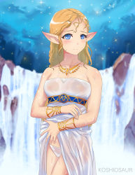 Rule 34 | 1girl, arm under breasts, armpits, artist name, bad id, bad pixiv id, bare shoulders, belted dress, blonde hair, blue eyes, blurry, blush, bracelet, breasts, closed mouth, clothes lift, collarbone, depth of field, dress, dress lift, eyelashes, facing viewer, feet, female focus, fingernails, gold belt, gold bracelet, gold necklace, holding, holding clothes, holding dress, jewelry, koshio, koshiosaur, lake, legs, legs together, long hair, looking at viewer, medium breasts, nature, neck, necklace, nervous smile, night, nintendo, nipples, no bra, outdoors, panties, parted bangs, pointy ears, princess zelda, sandals, see-through, see-through dress, see-through panties, sexually suggestive, shy, sky, small breasts, smile, solo, sparkle, standing, star (sky), starry sky, strapless, strapless dress, the legend of zelda, the legend of zelda: breath of the wild, thighs, thighs together, toenails, toes, toga, triforce, tunic, tunic lift, underwear, water, water drop, waterfall, wet, wet clothes, wet dress, wet hair, wet panties, white dress, white panties, white tunic
