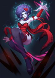 Rule 34 | 1girl, alternate costume, alternate hair color, black thighhighs, blue eyes, blue hair, blue lips, breasts, citemer, cleavage, dress, evelynn (league of legends), evelynn (old), fingernails, flower, highres, league of legends, liuruoyu8888, matching hair/eyes, nail polish, open mouth, pointy ears, red dress, red nails, rose, sharp fingernails, smile, solo, thighhighs