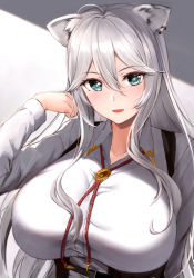Rule 34 | 1girl, 8gou, ahoge, animal ears, blush, breasts, collared shirt, ear piercing, fang, grey eyes, grey hair, hair between eyes, hand in own hair, hand up, hololive, huge breasts, lion ears, lion girl, long hair, long sleeves, looking at viewer, open mouth, piercing, shirt, shishiro botan, shishiro botan (button-down), sidelocks, solo, very long hair, virtual youtuber, white shirt