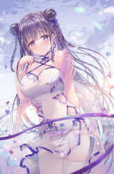 Rule 34 | 1girl, absurdres, arm behind back, blunt bangs, blush, braid, breasts, bug, butterfly, china dress, chinese clothes, cleavage, cloud, commentary request, double bun, dress, hair bun, hair ribbon, highres, insect, long hair, looking at viewer, medium breasts, original, outdoors, parted lips, purple dress, purple eyes, purple hair, purple ribbon, ribbon, sidelocks, sky, solo, sousouman, standing, thighhighs, very long hair, white thighhighs