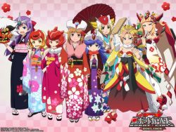 Rule 34 | 10s, 6+girls, blonde hair, blue eyes, braid, breasts, brown hair, character request, dated, dress, female focus, gre-chan, grenda-san, happy, happy new year, hat, helmet, japanese clothes, kimono, long hair, looking at viewer, mask, multiple girls, new year, open mouth, purple hair, red eyes, robot girls z, smile, team, translation request, twin braids, z-chan
