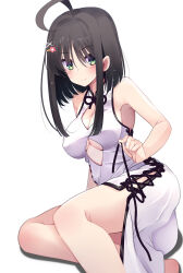 Rule 34 | 1girl, ahoge, alternate costume, bare arms, black ribbon, blunt ends, blush, breasts, china dress, chinese clothes, cleavage, cleavage cutout, closed mouth, clothing cutout, commentary request, dress, eyelashes, feet out of frame, flower, green eyes, hair between eyes, hair flower, hair ornament, hairclip, hip vent, hitachi mako, holding, holding ribbon, large breasts, looking at viewer, nazo no murasame chiaki, pink flower, ribbon, senren banka, short hair with long locks, sideless outfit, sidelocks, simple background, sitting, sleeveless, sleeveless dress, smile, solo, straight hair, thighs, underboob, white background, white dress, x hair ornament, yokozuwari