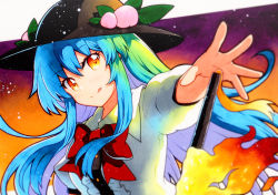 Rule 34 | 1girl, :q, bad id, bad twitter id, black hat, blue hair, blurry, bow, bowtie, depth of field, fire, food, foreshortening, fruit, hat, highres, hinanawi tenshi, leaf, long hair, looking at viewer, orange eyes, peach, puffy short sleeves, puffy sleeves, qqqrinkappp, red bow, red eyes, short sleeves, solo, sword of hisou, tongue, tongue out, touhou, upper body