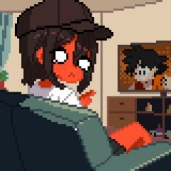Rule 34 | 1girl, :&lt;, baseball cap, brown hair, brown hat, colored skin, couch, dragon ball, dragon ball (classic), female focus, hat, looking at viewer, looking back, original, pixel art, red skin, short hair, sitting, solid circle eyes, solo, son goku, television, xmias