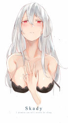 Rule 34 | 1girl, absurdres, arknights, bare shoulders, blush, breasts, cocoka, collarbone, crying, crying with eyes open, english text, engrish text, hand on own chest, highres, jewelry, large breasts, long hair, looking at viewer, neck, ranguage, red eyes, ring, silver hair, simple background, skadi (arknights), solo, solo focus, tears, white background
