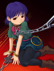 Rule 34 | 1girl, bad id, bad pixiv id, bangle, bdsm, blue hair, blue pantyhose, bondage, boots, bound, bracelet, carrie fernandez, castlevania (series), castlevania: legacy of darkness, chain, chain leash, collar, dress, jewelry, leash, pantyhose, red eyes, short hair, sitting, slave, solo, stupa13a, viewer holding leash