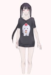 Rule 34 | 1girl, arms at sides, black hair, black shirt, blunt bangs, contemporary, highres, ishinarimaru shouten, looking at viewer, myufrae, pixiv fantasia, pixiv fantasia last saga, red eyes, shirt, sidelocks, simple background, smile, solo, standing, t-shirt, twintails, white background