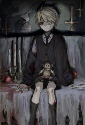 Rule 34 | 1boy, ankle socks, apple, bandage over one eye, bandaged head, bandaged neck, bandages, black jacket, black necktie, black socks, black sweater vest, blonde hair, blood, blood on clothes, blood on hands, blood on leg, brown eyes, candlestand, child, collared shirt, cross, cross necklace, eyepatch, feet out of frame, food, fruit, grey background, grey shirt, highres, indoors, inverted cross, inverted pentagram, jacket, jewelry, jiz (pffbq), jolly chimp, long sleeves, looking at viewer, male focus, medical eyepatch, muted color, necklace, necktie, original, parted lips, plate, shirt, short hair, sitting, socks, solo, spotlight, sweater vest, toy