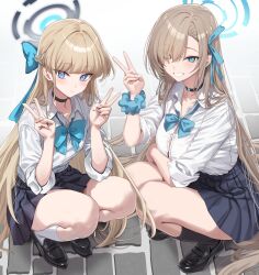 Rule 34 | 2girls, absurdly long hair, absurdres, alternate costume, asuna (blue archive), black choker, black footwear, black skirt, black socks, blonde hair, blue archive, blue bow, blue bowtie, blue eyes, blue ribbon, blue scrunchie, bow, bowtie, choker, closed mouth, collar, collared shirt, commentary, double v, hair bow, hair over one eye, hair ribbon, halo, hidis0086, highres, kneehighs, light brown hair, loafers, long hair, long sleeves, looking at viewer, multiple girls, parted lips, ribbon, school uniform, scrunchie, shirt, shoes, skirt, sleeves rolled up, socks, squatting, swept bangs, toki (blue archive), v, very long hair, white collar, white shirt, white socks, wrist scrunchie