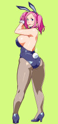 Rule 34 | 1girl, adjusting hair, animal ears, ass, bare back, breasts, fake animal ears, ganto, green background, grey pantyhose, high heels, large breasts, leotard, looking at viewer, okita kyouko, okusan, pantyhose, pink hair, playboy bunny, plump, rabbit ears, rabbit tail, short twintails, sideboob, simple background, solo, standing, tail, thick thighs, thighs, twintails, wrist cuffs