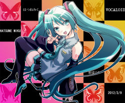 Rule 34 | 10s, 1girl, 2012, aqua eyes, aqua hair, boots, bug, butterfly, character name, checkered background, dated, detached sleeves, hatsune miku, insect, komiru, long hair, necktie, open mouth, sitting, skirt, solo, thigh boots, thighhighs, twintails, very long hair, vocaloid