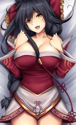 Rule 34 | 1girl, :d, ahri (league of legends), bed sheet, between breasts, black hair, blush, bow, braid, breasts, cleavage, collarbone, commentary, cowboy shot, dakimakura (medium), detached sleeves, facepaint, facial mark, frilled bow, frills, from above, hair between breasts, hair bow, hair tie, hands on own chest, head tilt, large breasts, league of legends, long hair, long sleeves, looking at viewer, looking up, lying, on back, open mouth, red bow, shiny skin, single braid, smile, solo, strapless, teeth, thigh gap, thighs, tony guisado, very long hair, whisker markings, yellow eyes