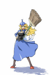 Rule 34 | 1980s (style), 1girl, blonde hair, blue eyes, breasts, broom, cleavage, danbai, dunbine, futaba channel, hand on own hip, helmet, looking at viewer, maid, mecha musume, michael f91, nijiura maids, oldschool, open mouth, pantyhose, personification, retro artstyle, seisenshi dunbine, simple background, slippers, solo, white background