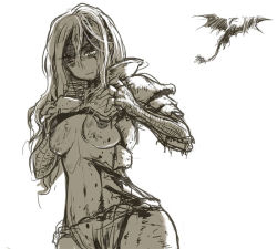 Rule 34 | 1girl, after rape, aftersex, armor, blood, breasts, broken armor, bruise, defeat, dragon, from below, frown, injury, knight, large breasts, long hair, medium breasts, monochrome, navel, nipples, original, simple background, solo, torn clothes, white background, wooni