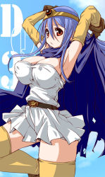 Rule 34 | 1girl, blue hair, breasts, cape, circlet, dragon quest, dragon quest iii, dress, elbow gloves, gloves, hirowa nagi, large breasts, long hair, panties, pantyshot, red eyes, sage (dq3), solo, thighhighs, underwear