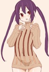 Rule 34 | 1girl, blush, k-on!, long hair, looking at viewer, nakano azusa, open mouth, pocky, purple hair, red eyes, ribbed sweater, round teeth, shinama, solo, sweater, teeth, twintails