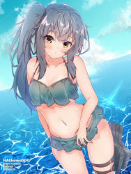 Rule 34 | 1girl, artist name, bikini, bikini skirt, black ribbon, blue bikini, blue sky, breasts, brown eyes, closed mouth, cloud, cloudy sky, commentary request, day, grey hair, hair ribbon, halkawa501, head tilt, highres, horizon, kantai collection, kasumi (kancolle), light frown, long hair, looking at viewer, medium breasts, navel, ocean, outdoors, ribbon, rigging, side ponytail, sidelocks, sky, solo, standing, swimsuit, thigh strap, wet