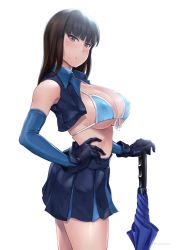 Rule 34 | 1girl, bandeau, bikini, bikini top only, bikini under clothes, black hair, black skirt, black vest, blue bikini, blue gloves, breasts, brown eyes, closed umbrella, cowboy shot, elbow gloves, girls und panzer, gloves, hand on own hip, highres, large breasts, long hair, looking at viewer, midriff, mature female, nishizumi shiho, planted, planted umbrella, pleated skirt, race queen, simple background, skirt, solo, standing, straight hair, swimsuit, swimsuit under clothes, umbrella, underboob, vest, wa (genryusui), white background