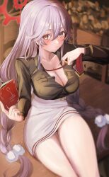 Rule 34 | 1girl, blue archive, blush, book, braid, breasts, brown shirt, cafenami, cleavage, closed mouth, collared shirt, hair between eyes, halo, highres, holding, holding book, large breasts, long hair, long sleeves, looking at viewer, pink eyes, pink hair, red halo, shirt, skirt, smile, solo, tomoe (blue archive), twin braids, white skirt