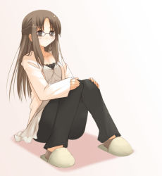 Rule 34 | 1girl, brown hair, glasses, hands on own knees, jirou (chekoro), knees up, long hair, sidelocks, sitting, slippers, solo