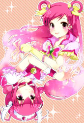 Rule 34 | 00s, 10s, 2girls, antenna hair, bow, bowtie, brooch, choker, color connection, cure dream, cure happy, earrings, gloves, hair rings, head wings, hoshizora miyuki, jewelry, long hair, magical girl, multiple girls, pink background, pink bow, pink eyes, pink hair, pink theme, precure, rotational symmetry, smile, smile precure!, striped, striped background, tiara, twintails, upside-down, wings, wrist cuffs, yes! precure 5, yoshii yumi, yumehara nozomi