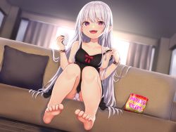 Rule 34 | 1girl, :d, bare legs, barefoot, blush, bow, chemise, chips (food), clothes between thighs, collarbone, commentary request, couch, dutch angle, fangs, food, hands up, holding, holding food, indoors, long hair, looking at viewer, onigiri, open mouth, original, panties, pantyshot, pillow, pink eyes, pointy ears, potato chips, red bow, sidelocks, silver hair, sitting, smile, solo, spaghetti strap, strap slip, underwear, very long hair, white panties, wowoguni