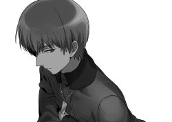 Rule 34 | 1boy, asada hachi, closed mouth, commentary, dog tags, expressionless, grey background, greyscale, hair between eyes, jacket, long sleeves, looking at viewer, male focus, military jacket, monochrome, solo, togainu no chi, twitter username, upper body, watermark, yukihito (togainu no chi)