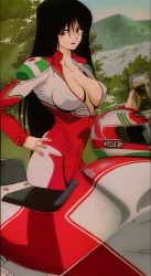 Rule 34 | 1990s (style), 1girl, alcohol, anime screenshot, beer, black hair, breasts, brown eyes, cleavage, golden boy, highres, large breasts, lipstick, long hair, looking at viewer, makeup, non-web source, red lips, retro artstyle, solo, stitched, terayama reiko, third-party edit