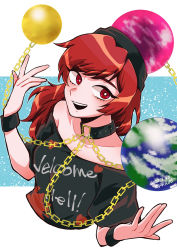 Rule 34 | 1girl, :d, armband, bad hands, bare shoulders, black choker, black shirt, bright pupils, chain, choker, clothes writing, collarbone, commentary, cropped torso, earth (planet), hands up, heart, hecatia lapislazuli, highres, long hair, looking at viewer, moon, off-shoulder shirt, off shoulder, open mouth, planet, red eyes, red hair, rhodium (rh), shirt, short sleeves, simple background, smile, solo, swept bangs, teeth, touhou, tsurime, white pupils, ||/