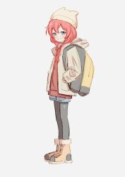 Rule 34 | 1girl, arknights, backpack, bag, beanie, black pantyhose, blue eyes, blue poison (arknights), blue shorts, blush, boots, braid, brown footwear, full body, grin, hair between eyes, hair over shoulder, hands in pockets, hat, highres, hood, hood down, hooded jacket, jacket, legwear under shorts, long hair, long sleeves, looking at viewer, open clothes, open jacket, pantyhose, pink hair, red hair, red shirt, shirt, shorts, simple background, smile, solo, standing, twin braids, white background, white jacket, x158239