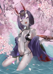 Rule 34 | 1girl, absurdres, alcohol, bad id, bad pixiv id, bare shoulders, bob cut, breasts, cherry blossoms, collarbone, cup, eyeliner, fangs, fate/grand order, fate (series), headpiece, highres, horns, japanese clothes, kimono, kobuta (pixiv21730472), long sleeves, looking at viewer, makeup, navel, oni, open clothes, open kimono, open mouth, purple eyes, purple hair, purple kimono, revealing clothes, sakazuki, sake, short eyebrows, short hair, shuten douji (fate), skin-covered horns, small breasts, smile, thighs, water, wide sleeves